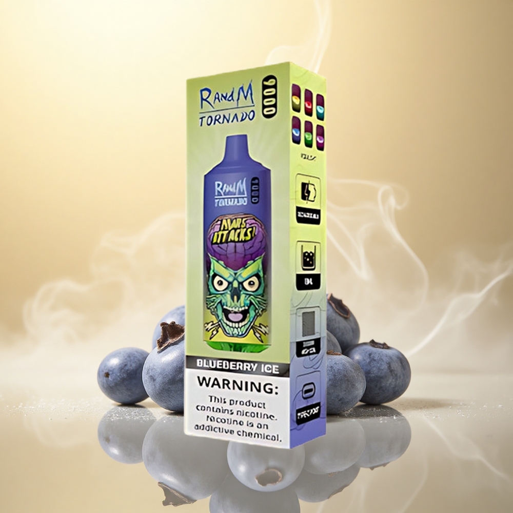 RandM Fumot Tornado 9000 Puffs Μπλε Μούρο Πάγος με Πλέγμα Πηνίο και 18 mL Υγρό