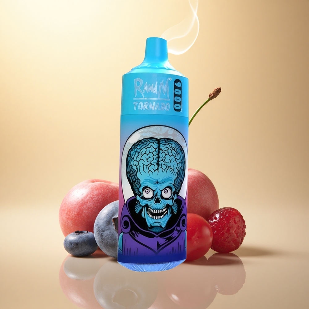 RandM Fumot Tornado 9000 Puffs Μπλε Βατόμουρο Κεράσι Κράνμπερι με Πλέγμα Πηνίο και Έκθεση RGB